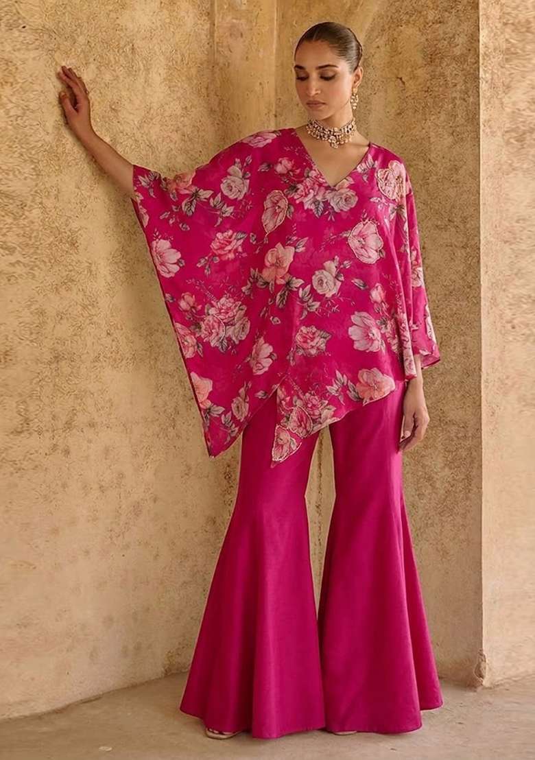 Hot Pink Printed Organza Fusion Set - Indya