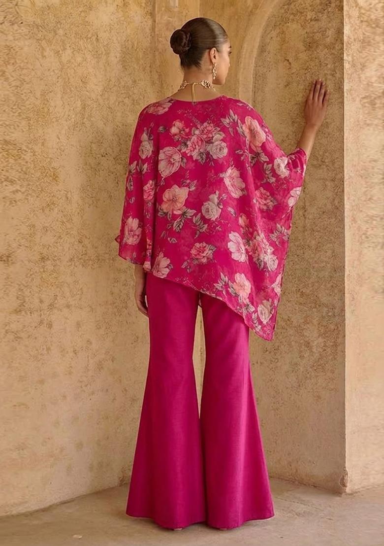 Hot Pink Printed Organza Fusion Set - Indya