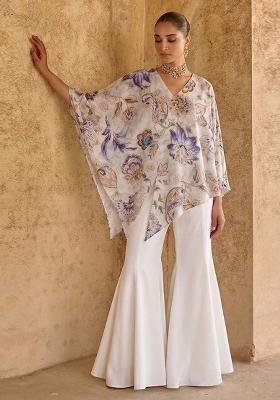 Off White Printed Organza Fusion Set