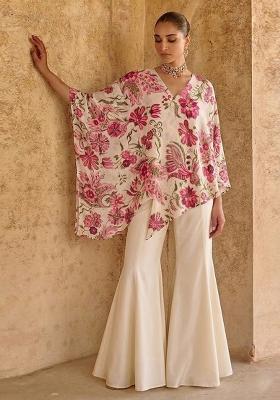 Off White Printed Organza Fusion Set