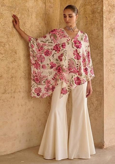 Off White Printed Organza Fusion Set