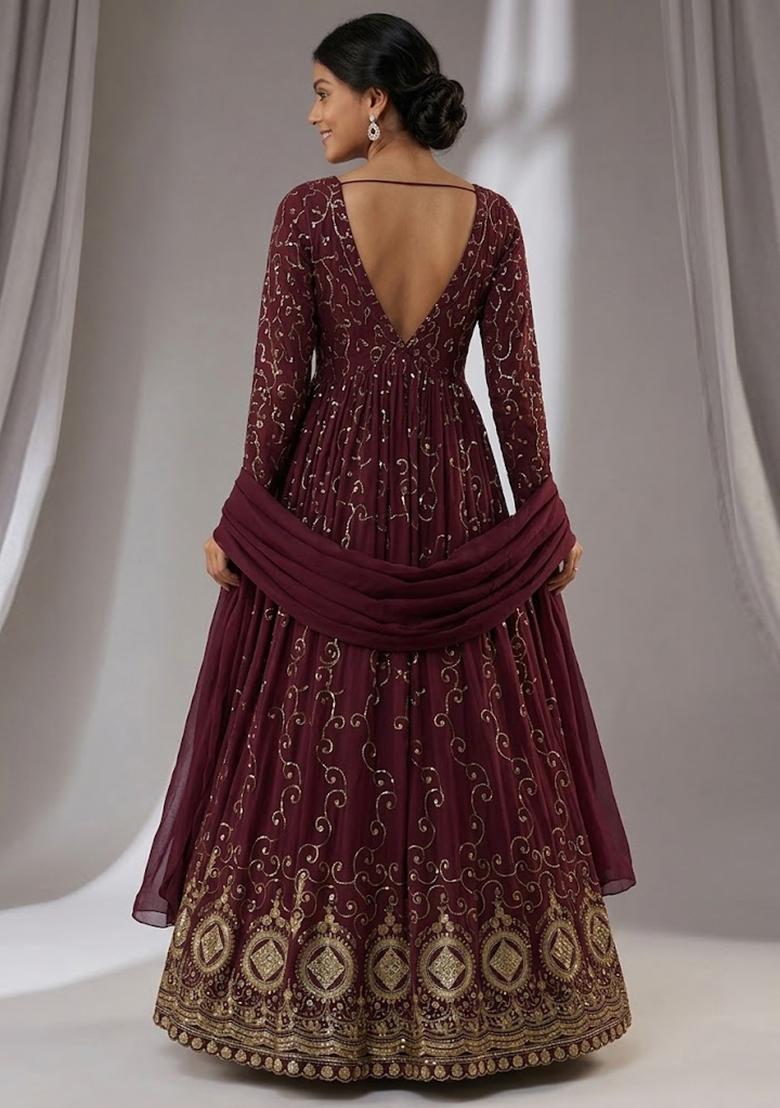 Deep Maroon Embroidered Cosmos Anarkali with Dupatta - Indya