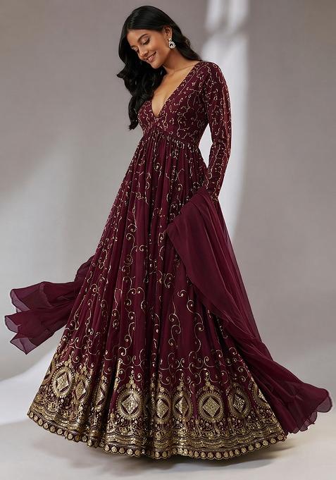 Deep Maroon Embroidered Cosmos Anarkali with Dupatta