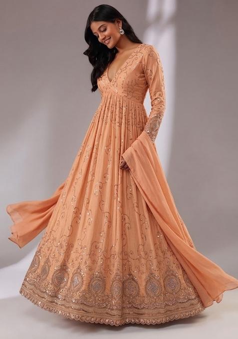 Soft Peach Embroidered Cosmos Anarkali with Dupatta