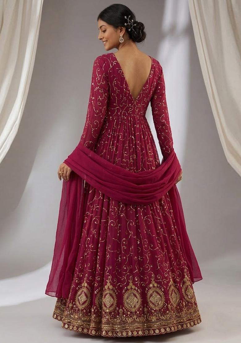Rani Pink Embroidered Cosmos Anarkali with Dupatta - Indya