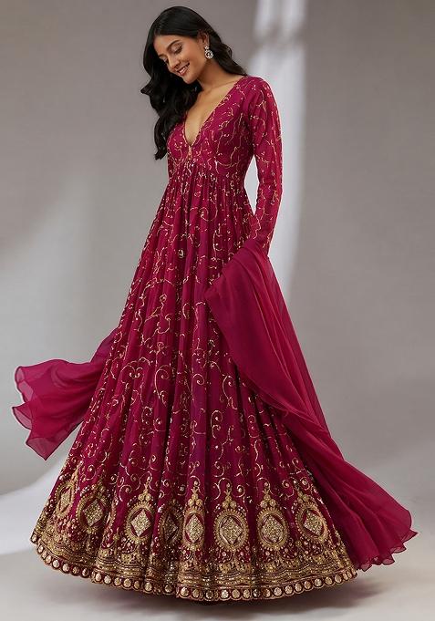 Rani Pink Embroidered Cosmos Anarkali with Dupatta