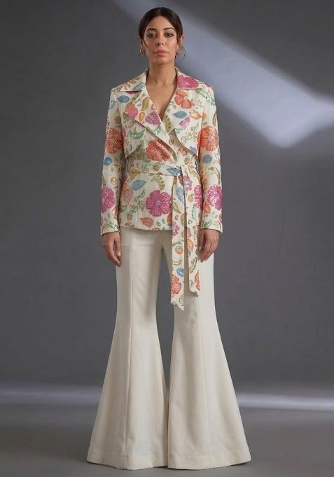 Off White Printed Poly Blend Fusion Set