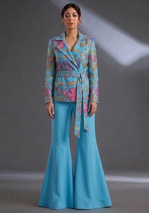 Sky Blue Printed Poly Blend Fusion Set