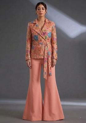 Coral Peach Printed Poly Blend Fusion Set