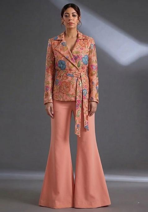 Coral Peach Printed Poly Blend Fusion Set