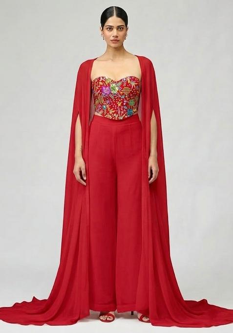 Bright Red Printed Crepe Fusion Set