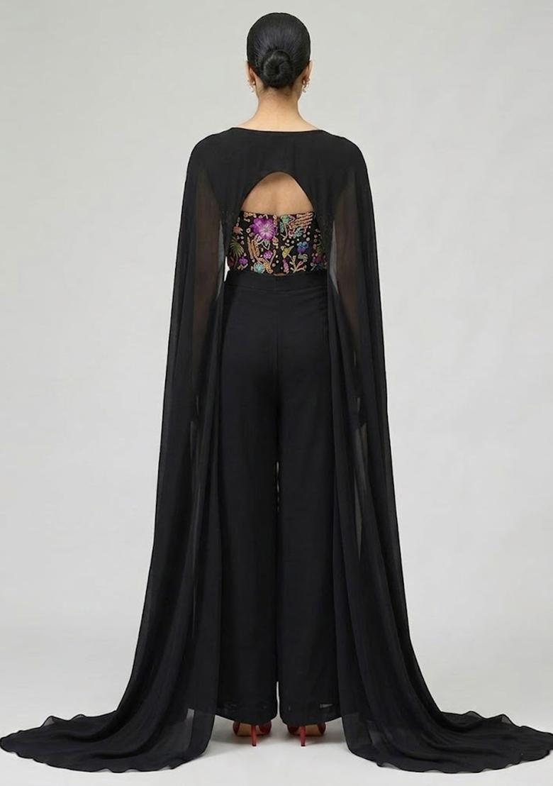Jet Black Printed Crepe Fusion Set - Indya