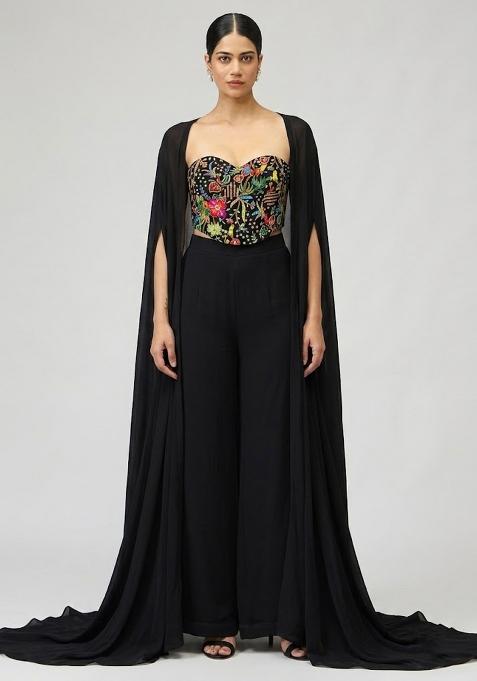 Jet Black Printed Crepe Fusion Set