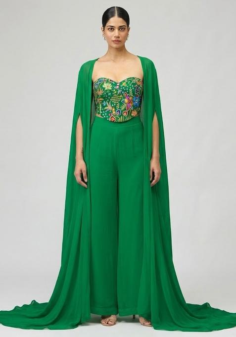 Emerald Green Printed Crepe Fusion Set