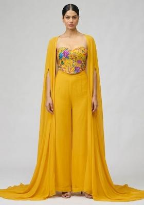 Mustard Yellow Printed Crepe Fusion Set