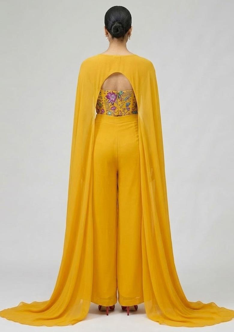 Mustard Yellow Printed Crepe Fusion Set - Indya