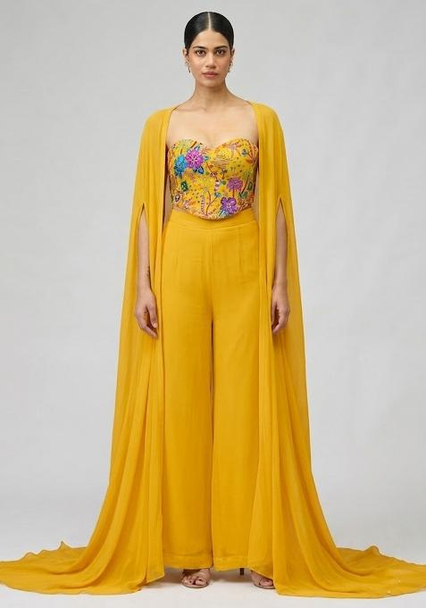 Mustard Yellow Printed Crepe Fusion Set