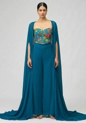 Teal Blue Printed Crepe Fusion Set