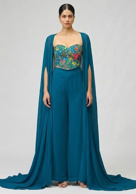 Teal Blue Printed Crepe Fusion Set