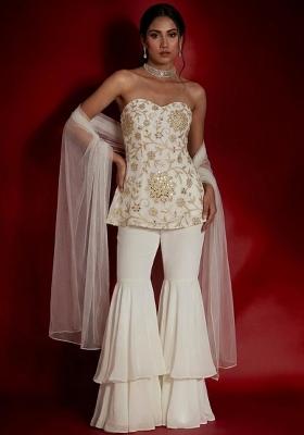 Off White Embroidered Georgette Fusion Set