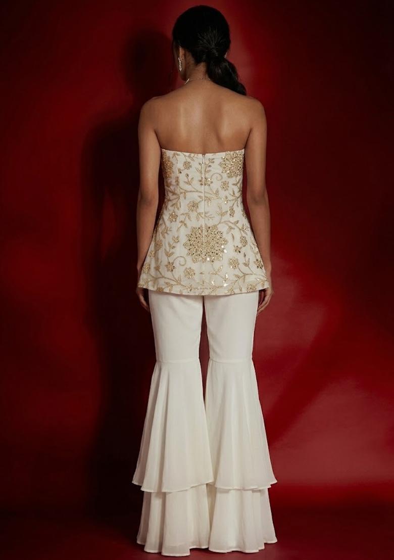 Off White Embroidered Georgette Fusion Set - Indya