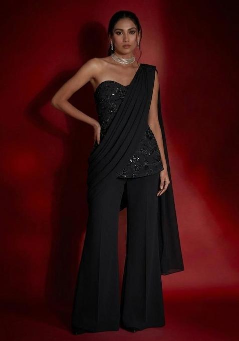 Jet Black Embroidered Georgette Fusion Set