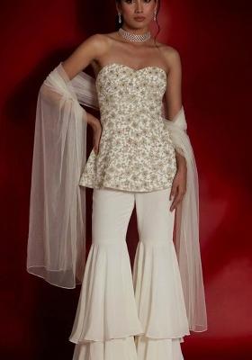 Off White Embroidered Georgette Fusion Set