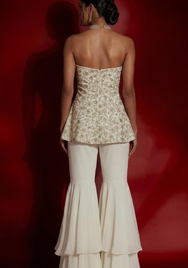 Off White Embroidered Georgette Fusion Set - Indya