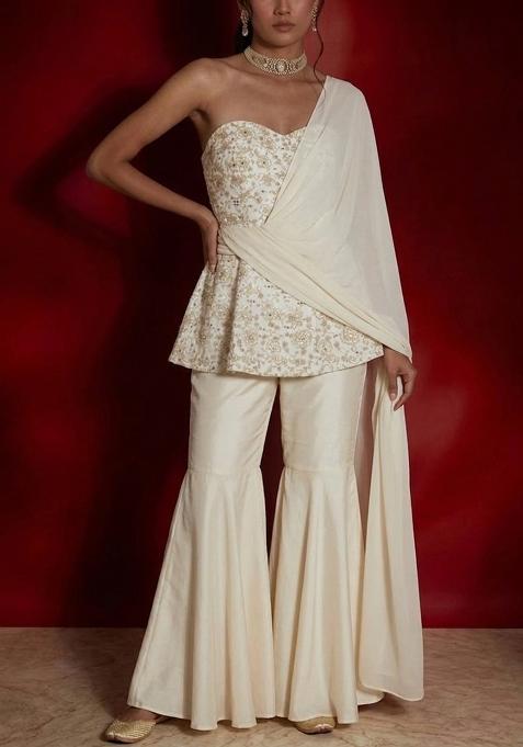 Cream White Embroidered Georgette Fusion Set