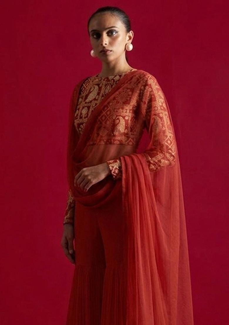 Brick Red Printed Fusion Set - Indya