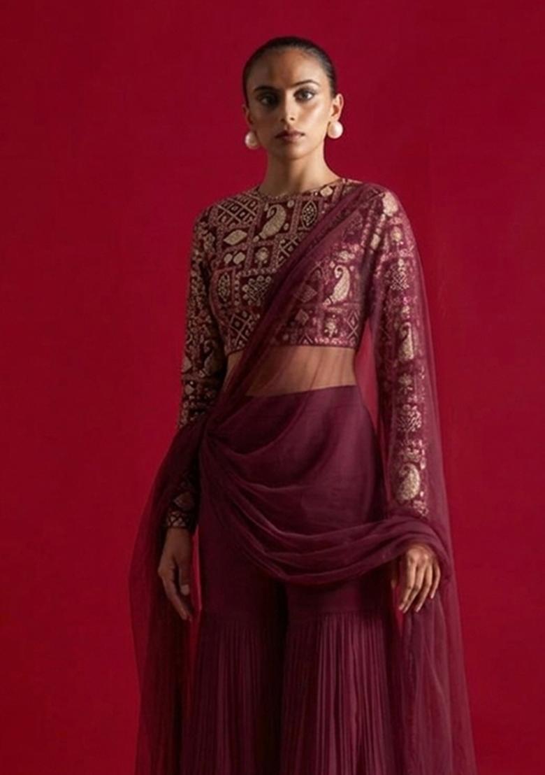 Plum Maroon Printed Fusion Set - Indya