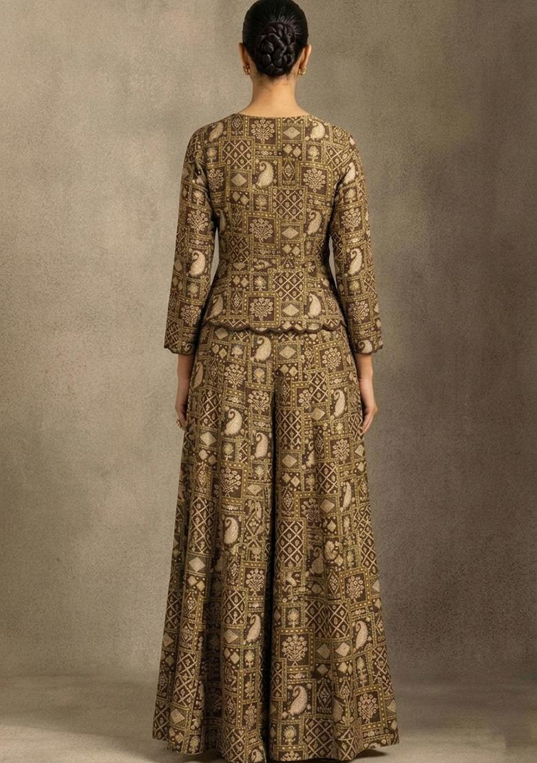 Dark Brown Printed Sharara Set - Indya