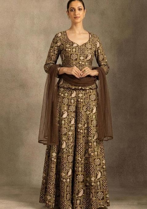Dark Brown Printed Sharara Set