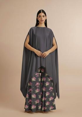 Charcoal Grey Printed Georgette Fusion Set