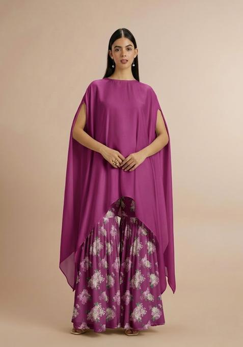 Magenta Purple Printed Georgette Fusion Set