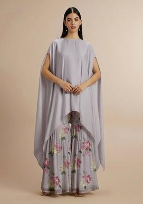 Lavender Grey Printed Georgette Fusion Set