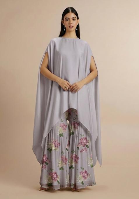 Lavender Grey Printed Georgette Fusion Set