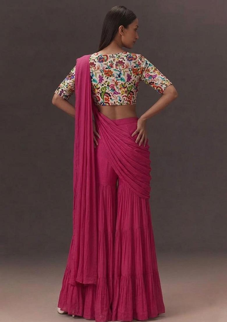 Pearl White Printed Crepe Fusion Set - Indya