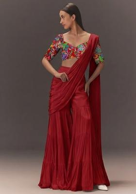 Red Printed Crepe Fusion Set