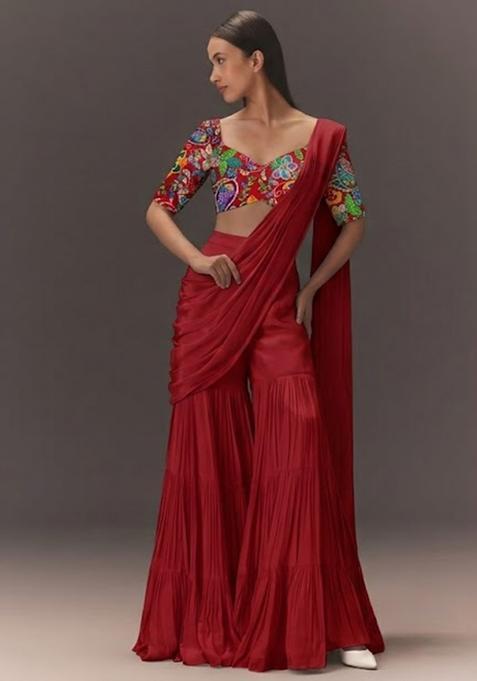 Red Printed Crepe Fusion Set