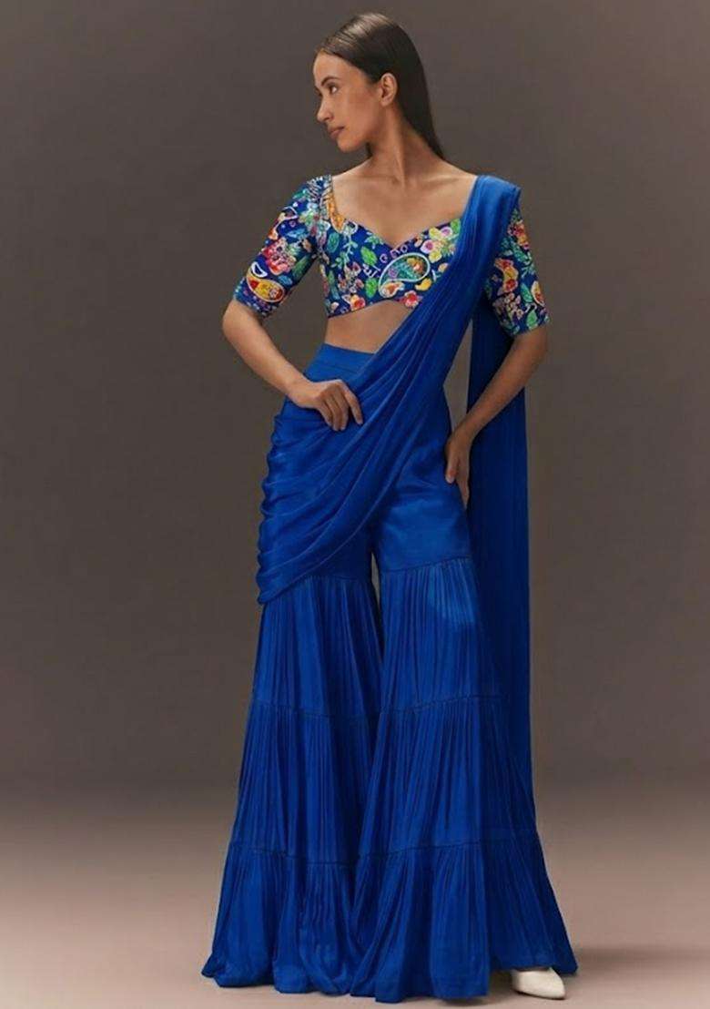 Royal Blue Printed Crepe Fusion Set - Indya