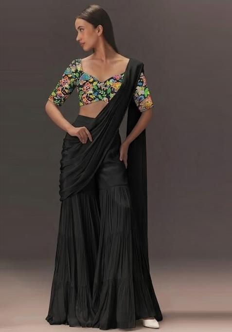 Black Printed Crepe Fusion Set