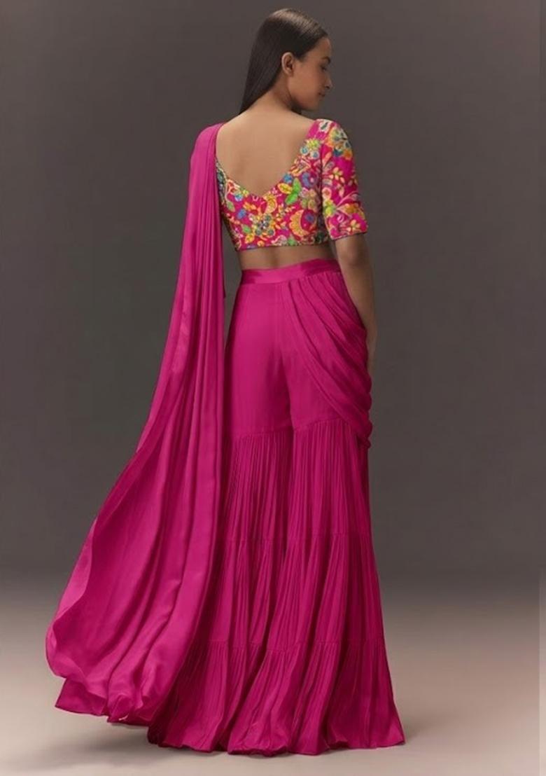 Magenta Printed Crepe Fusion Set - Indya