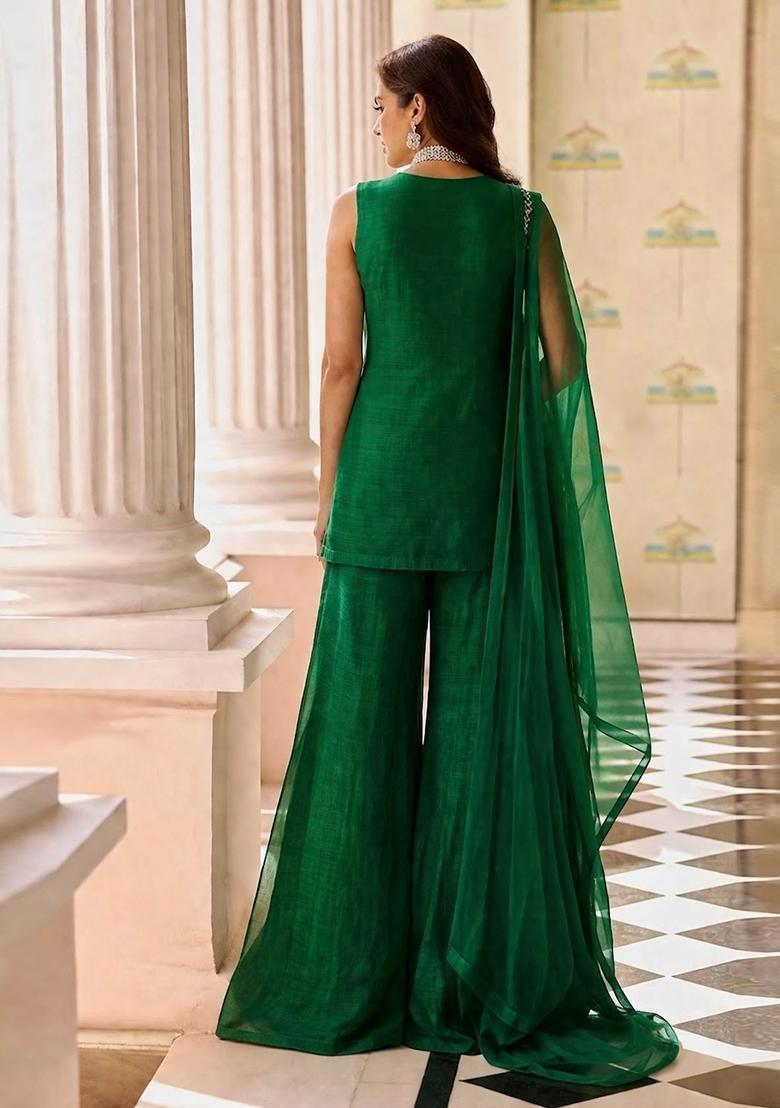 Emerald Green Embroidered Cosmos Sharara Set - Indya