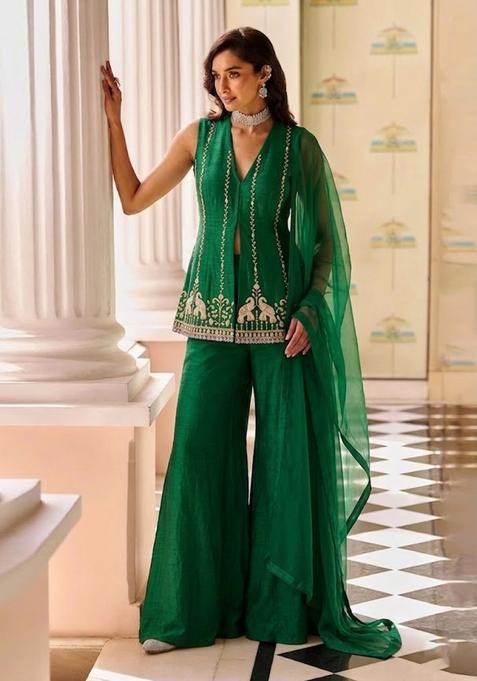 Emerald Green Embroidered Cosmos Sharara Set
