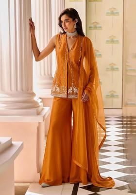 Orange Embroidered Cosmos Sharara Set