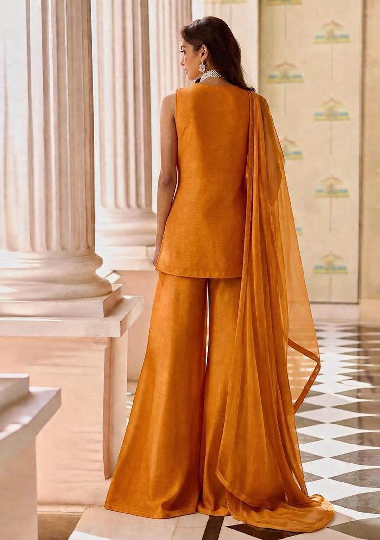 Orange Embroidered Cosmos Sharara Set - Indya