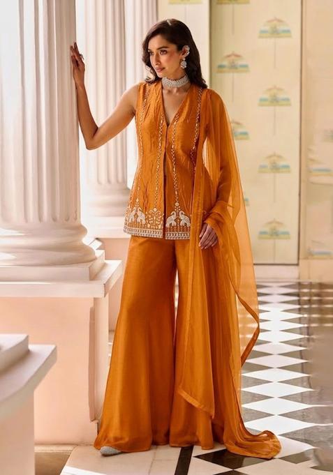 Orange Embroidered Cosmos Sharara Set