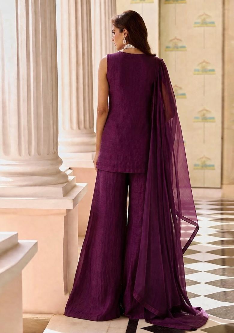Purple Embroidered Cosmos Sharara Set - Indya