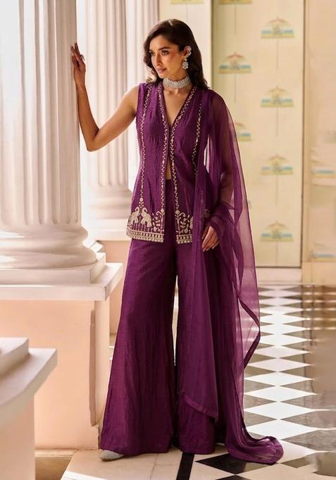 Purple Embroidered Cosmos Sharara Set